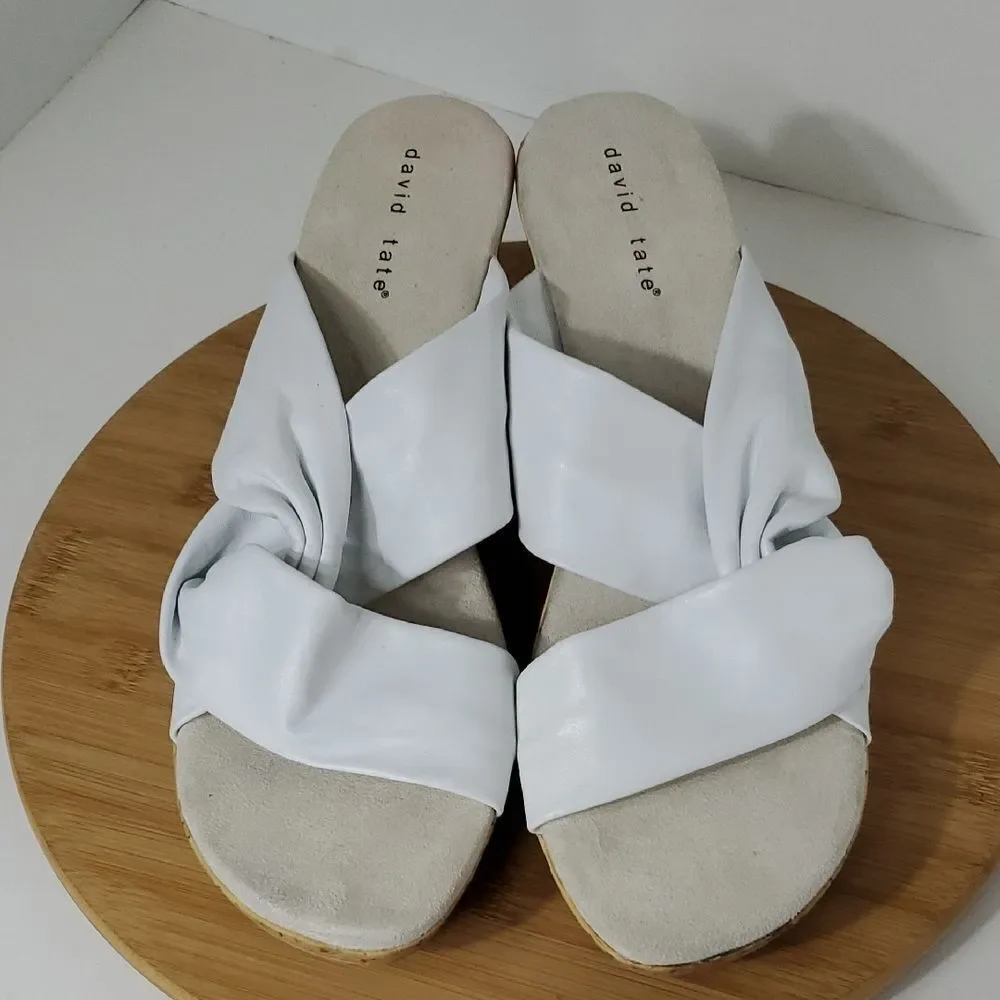 David Tate Loop Slide Sandals White Leather Slip On Wedge Women's Size 13